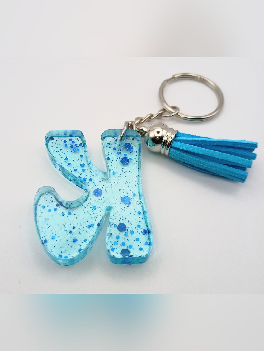 Handmade Blue Glitter Resin Initial K Keychain with Tassel - Picture 3 of 3